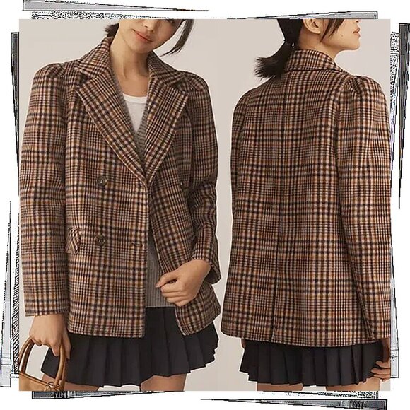 Browns & Red Plaid Puff Sleeve Wool Blend Jacket (S) by Maeve - Picture 1 of 5